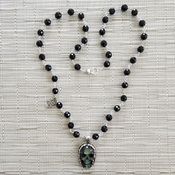 BLACK ONYX (8MM) NECKLACE W/ LABRADORITE SKULL PENDANT--24" - Picture 6 of 6